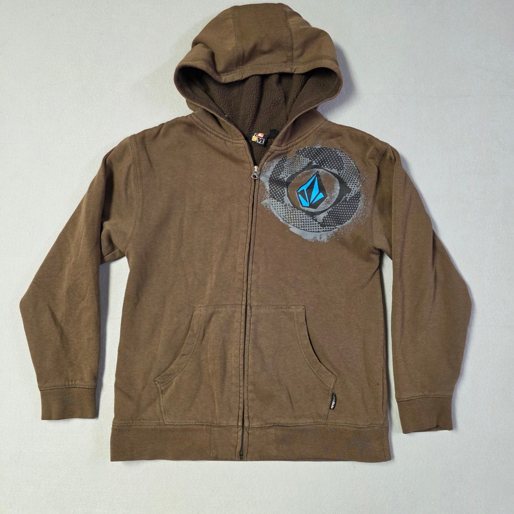 Volcom Womens L Brown Sherpa Lined Full Zip Hoodie Blue Logo Skater